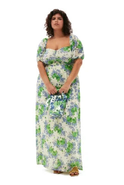 Shop GANNI Langes, Bedrucktes Mesh-Kleid Mit Puffarmeln Egret