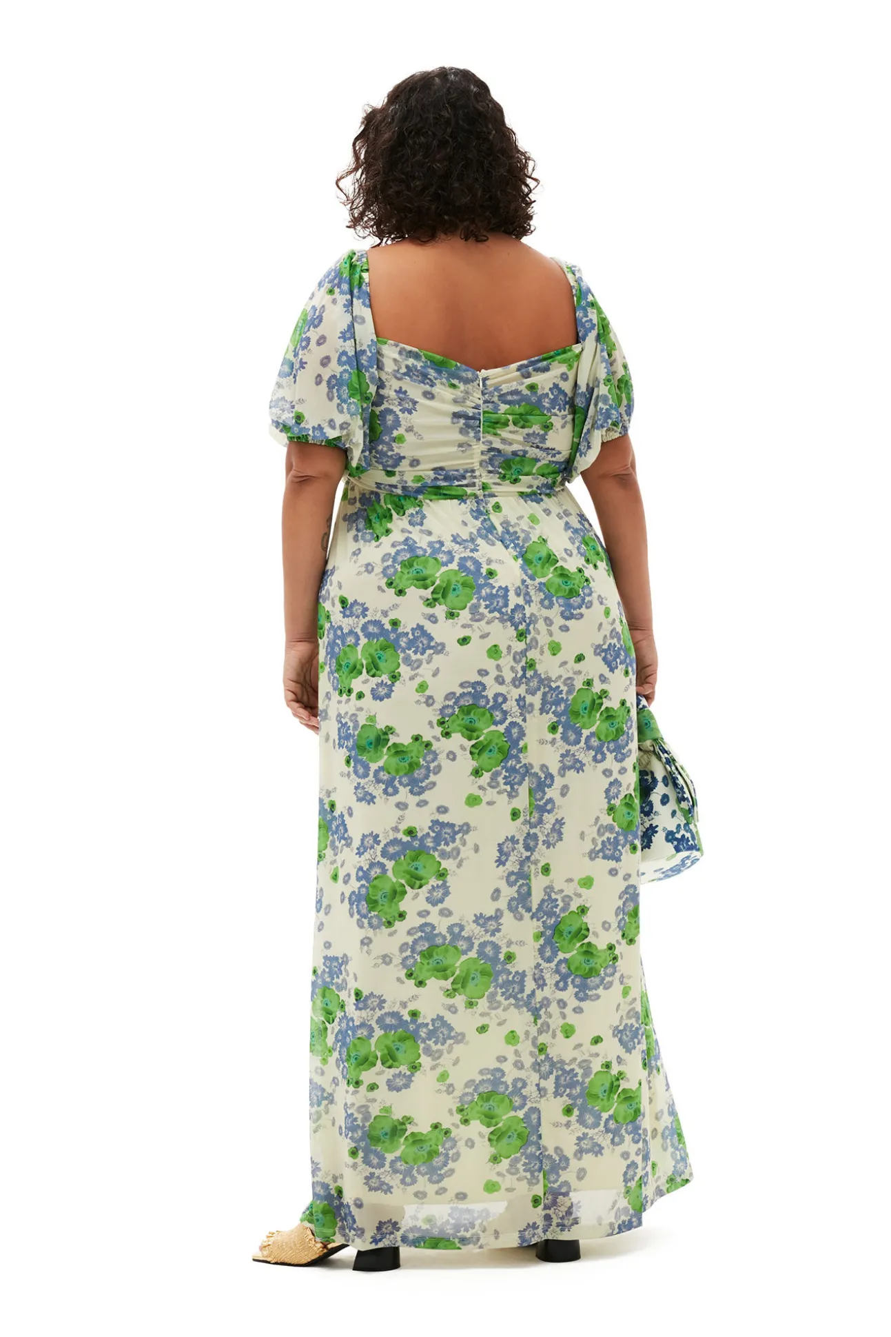Shop GANNI Langes, Bedrucktes Mesh-Kleid Mit Puffarmeln Egret