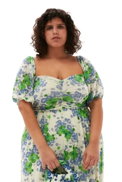 Shop GANNI Langes, Bedrucktes Mesh-Kleid Mit Puffarmeln Egret
