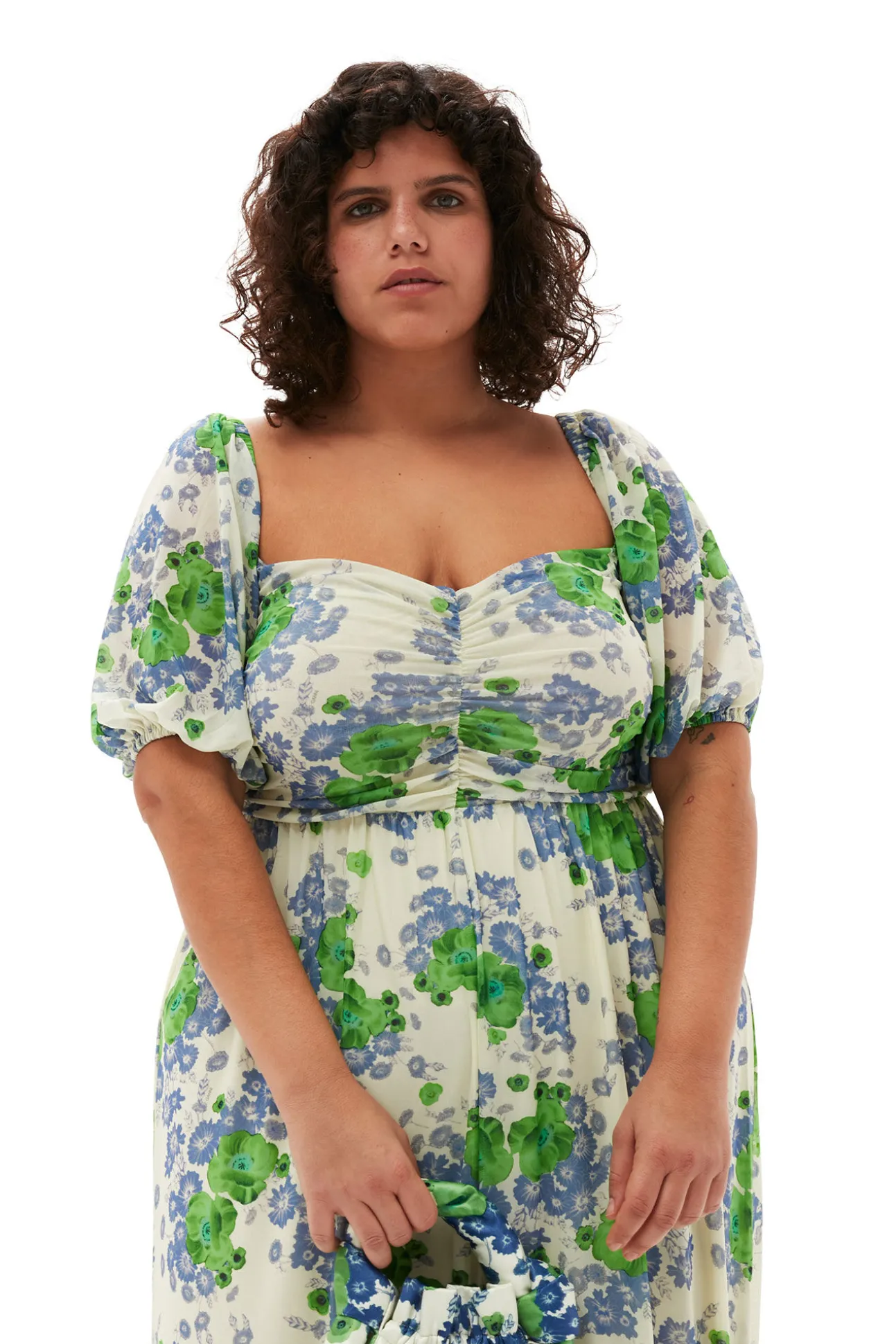 Shop GANNI Langes, Bedrucktes Mesh-Kleid Mit Puffarmeln Egret