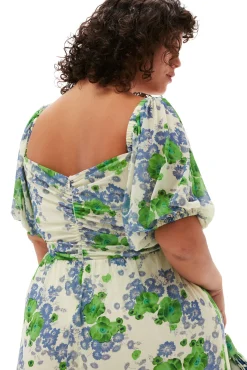 Shop GANNI Langes, Bedrucktes Mesh-Kleid Mit Puffarmeln Egret