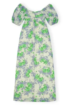 Shop GANNI Langes, Bedrucktes Mesh-Kleid Mit Puffarmeln Egret