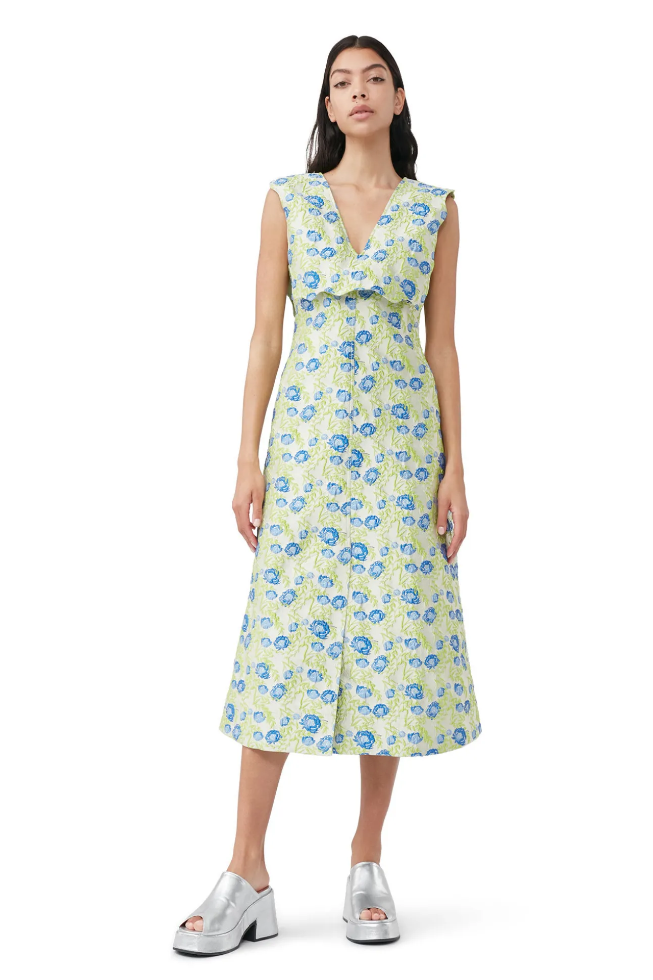 Fashion GANNI Langes 3D-Jacquard-Rhythm-Kleid Mit Kragen Oyster Gray