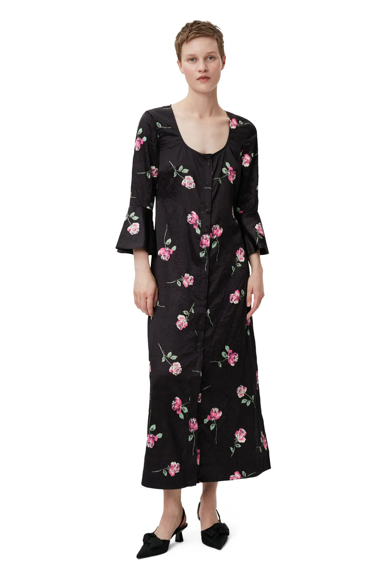 Clearance GANNI Langes Gewelltes Satinkleid Black