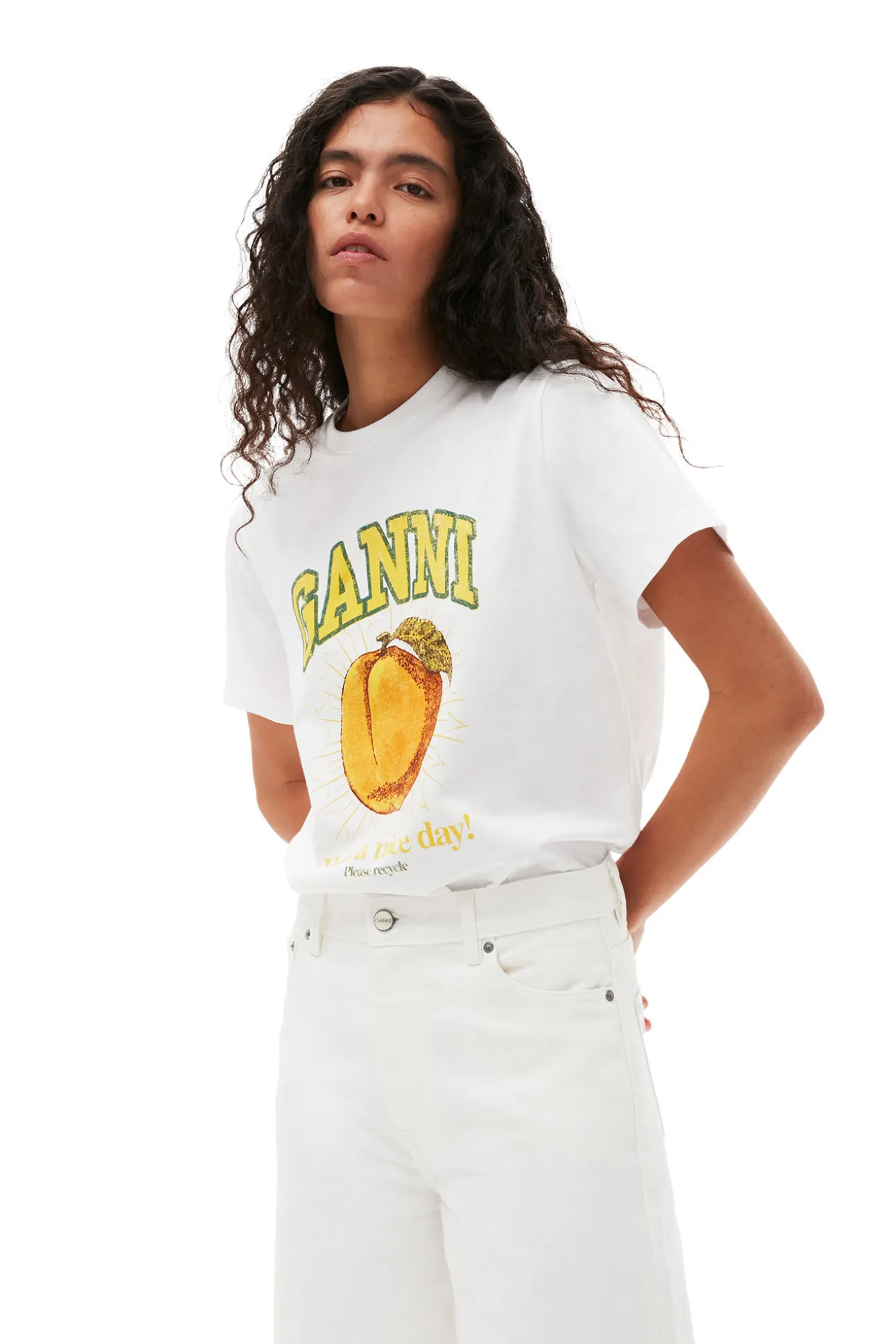 Store GANNI Lassiges T-Shirt Mit Pfirsich-Print Bright White