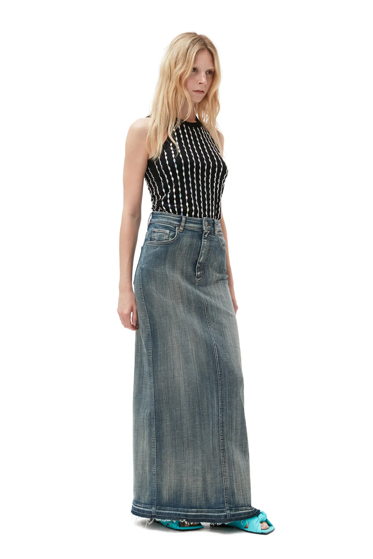 Fashion GANNI Maxi-Jeansrock Mit Gefarbten Saumen Tint Wash