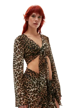 Shop GANNI Mesh-Uberwurf-Wickelbluse Leopard