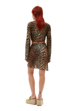 Shop GANNI Mesh-Uberwurf-Wickel-Minirock Leopard
