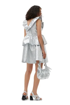 Cheap GANNI Metallic-Jacquard-Lagenkleid Silver