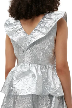 Cheap GANNI Metallic-Jacquard-Lagenkleid Silver