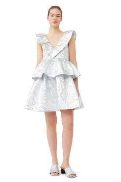 Cheap GANNI Metallic-Jacquard-Lagenkleid Silver