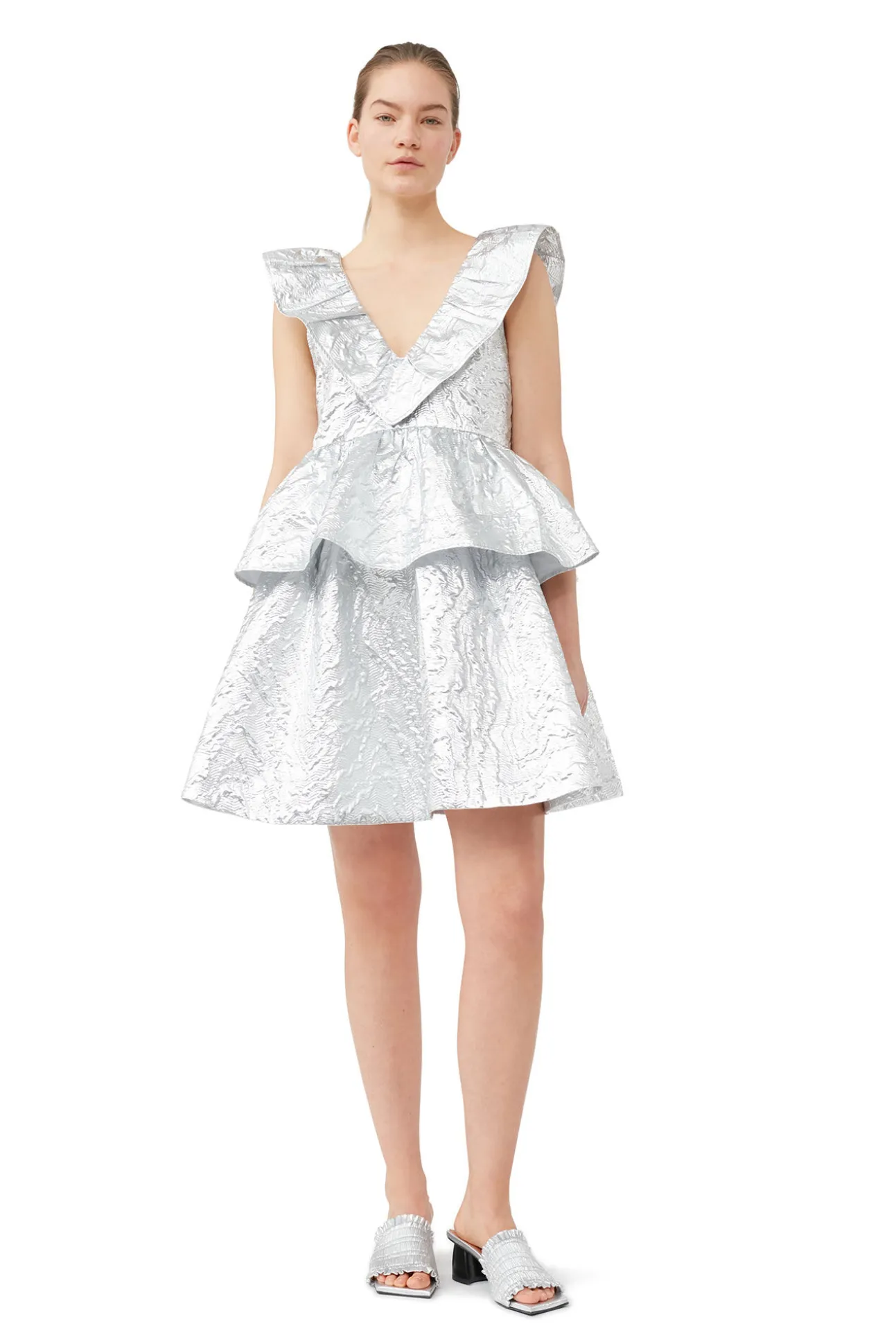Cheap GANNI Metallic-Jacquard-Lagenkleid Silver