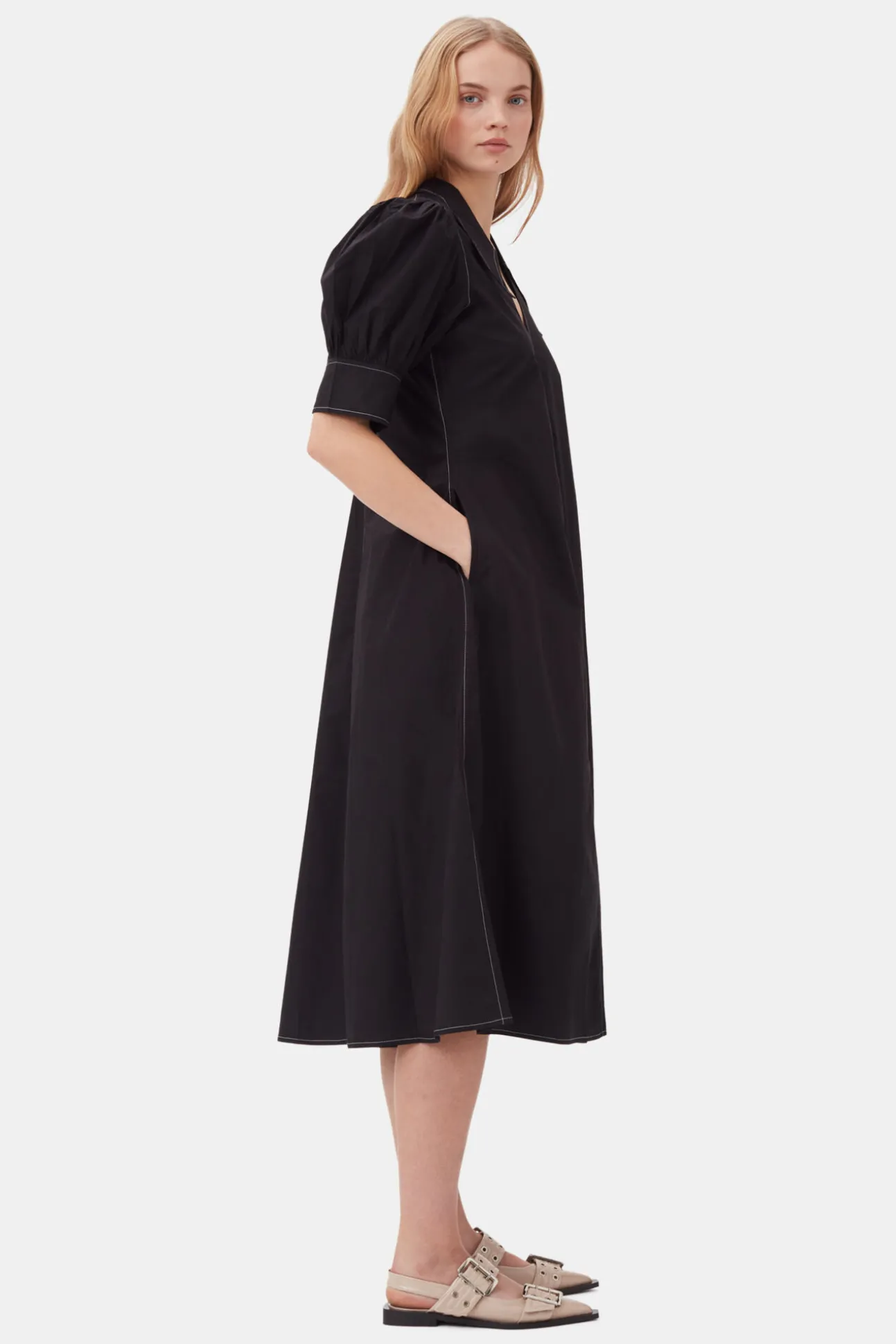 Sale GANNI Midikleid Aus Popeline Black