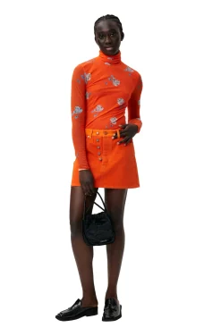 Fashion GANNI Orange Bedruckter Rollkragenpullover Aus Mesh Mit Langen Armeln Orangeade