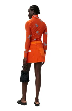 Fashion GANNI Orange Bedruckter Rollkragenpullover Aus Mesh Mit Langen Armeln Orangeade