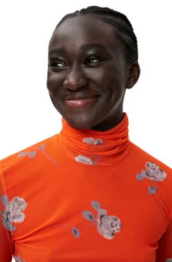 Fashion GANNI Orange Bedruckter Rollkragenpullover Aus Mesh Mit Langen Armeln Orangeade