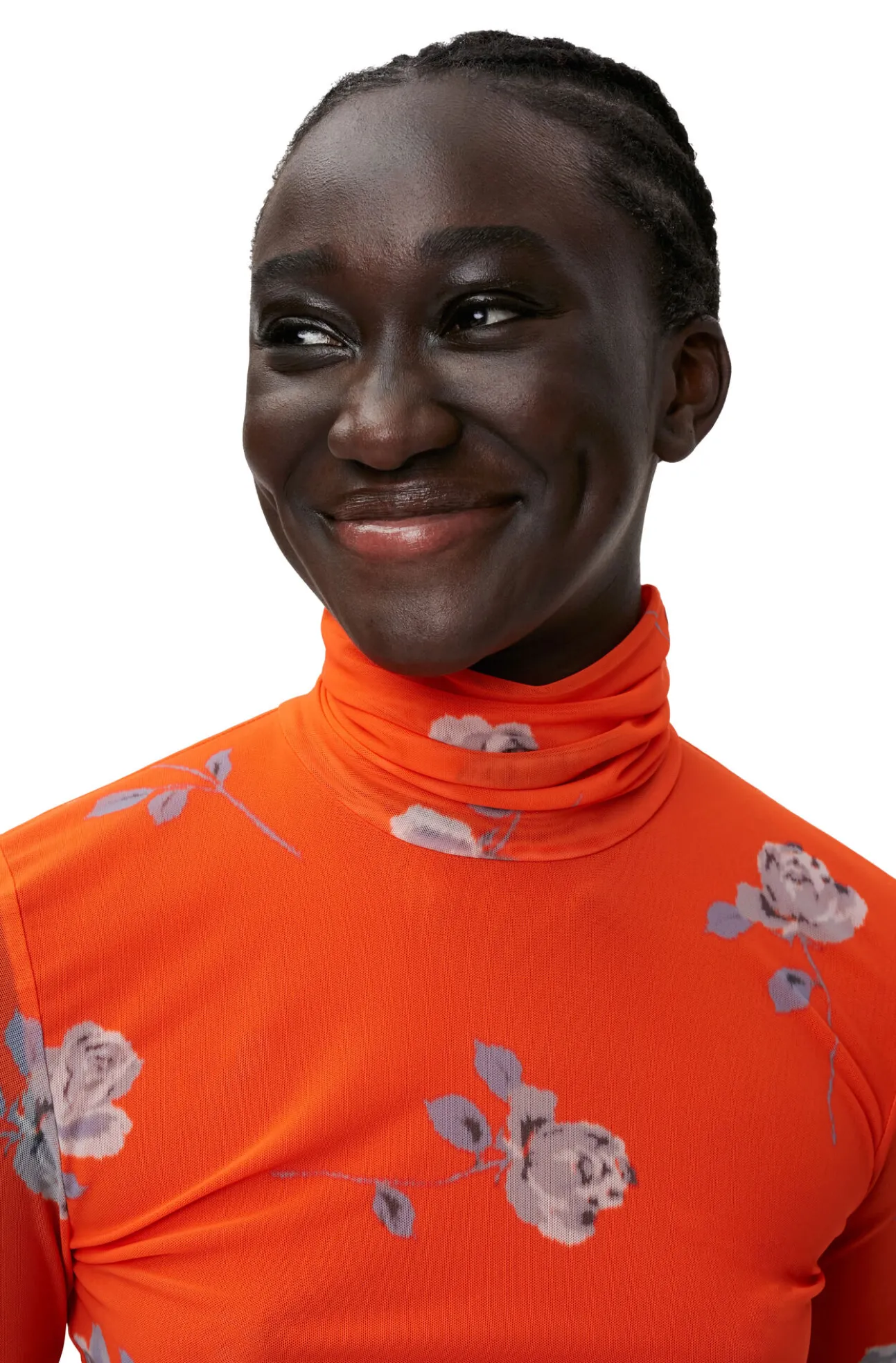 Fashion GANNI Orange Bedruckter Rollkragenpullover Aus Mesh Mit Langen Armeln Orangeade