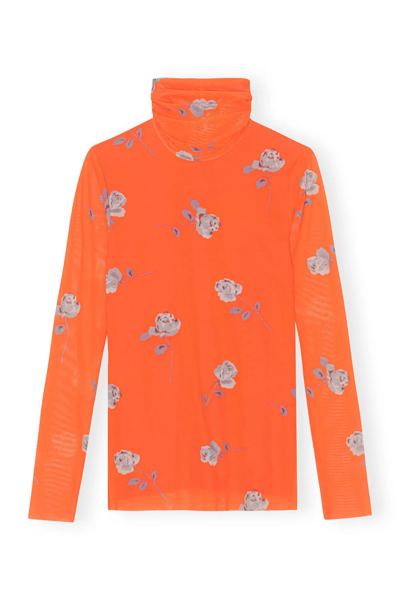 Fashion GANNI Orange Bedruckter Rollkragenpullover Aus Mesh Mit Langen Armeln Orangeade