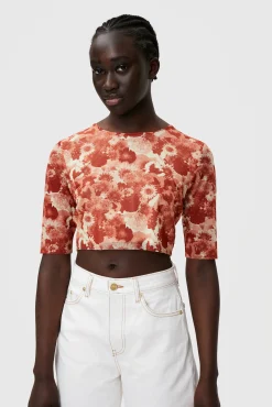 Online GANNI Orange Bedrucktes Crop-T-Shirt Aus Mesh Marsala