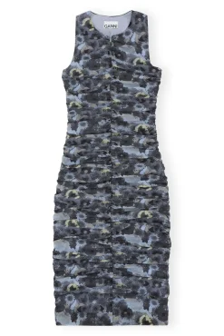 Cheap GANNI Orange Bedrucktes Ruschen-Midikleid Aus Mesh Brunnera Blue