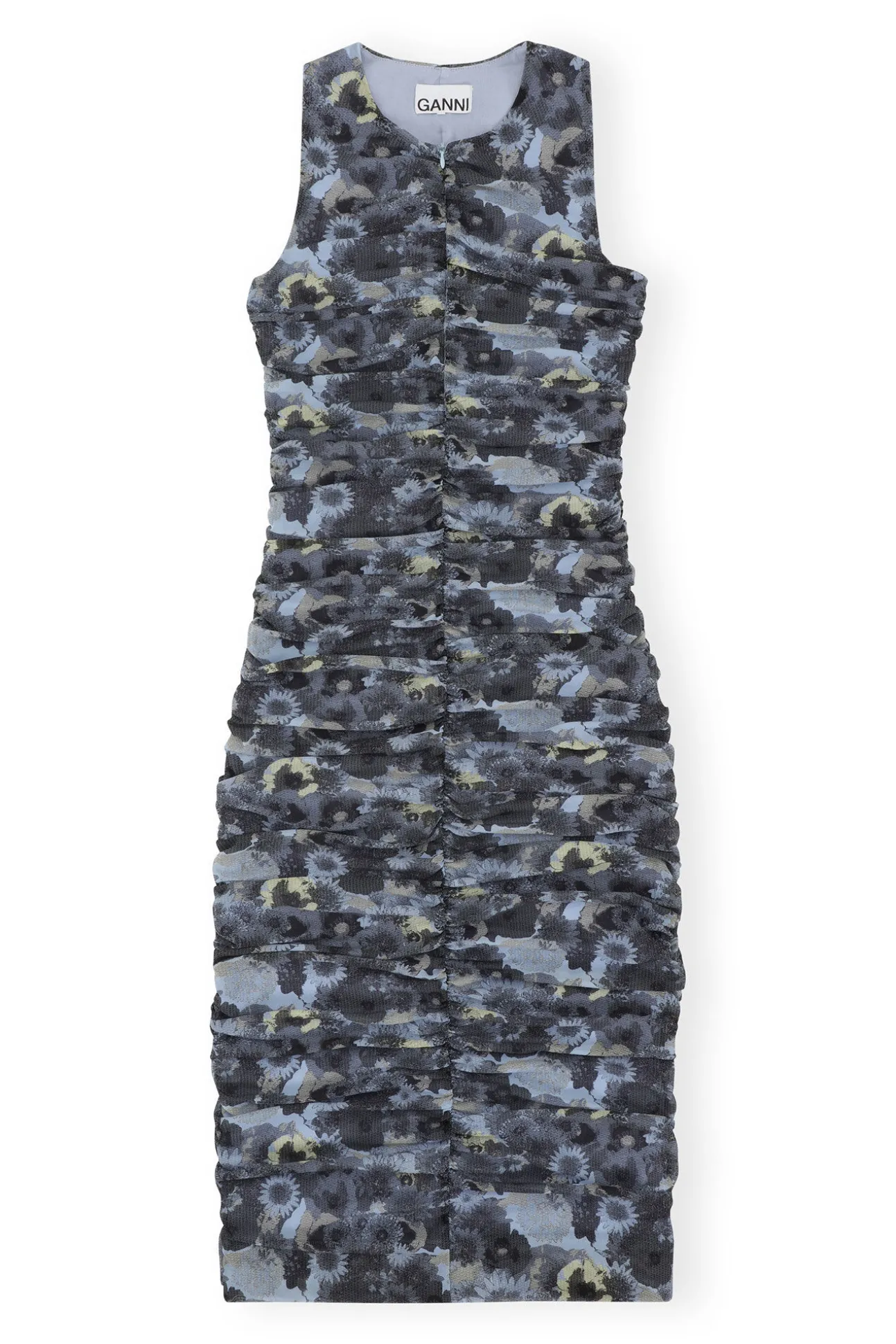 Cheap GANNI Orange Bedrucktes Ruschen-Midikleid Aus Mesh Brunnera Blue