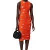Hot GANNI Orange Bedrucktes Ruschen-Midikleid Aus Mesh Orangeade