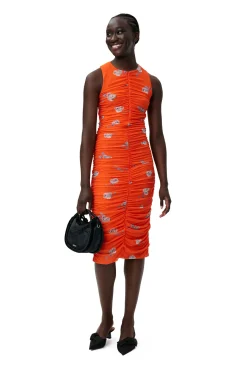 Hot GANNI Orange Bedrucktes Ruschen-Midikleid Aus Mesh Orangeade