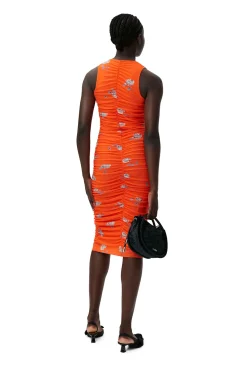 Hot GANNI Orange Bedrucktes Ruschen-Midikleid Aus Mesh Orangeade