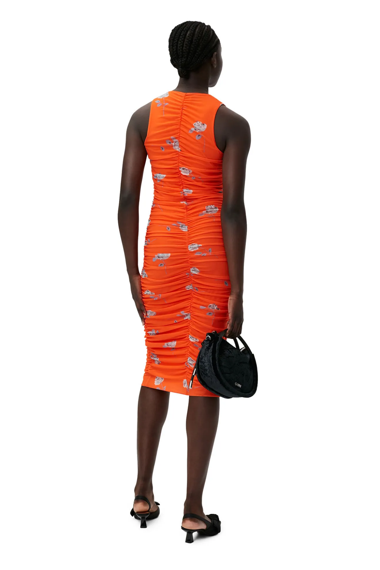 Hot GANNI Orange Bedrucktes Ruschen-Midikleid Aus Mesh Orangeade