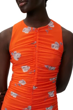Hot GANNI Orange Bedrucktes Ruschen-Midikleid Aus Mesh Orangeade