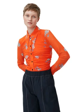 Online GANNI Orange Bedrucktes Ruschenhemd Aus Mesh Orangeade