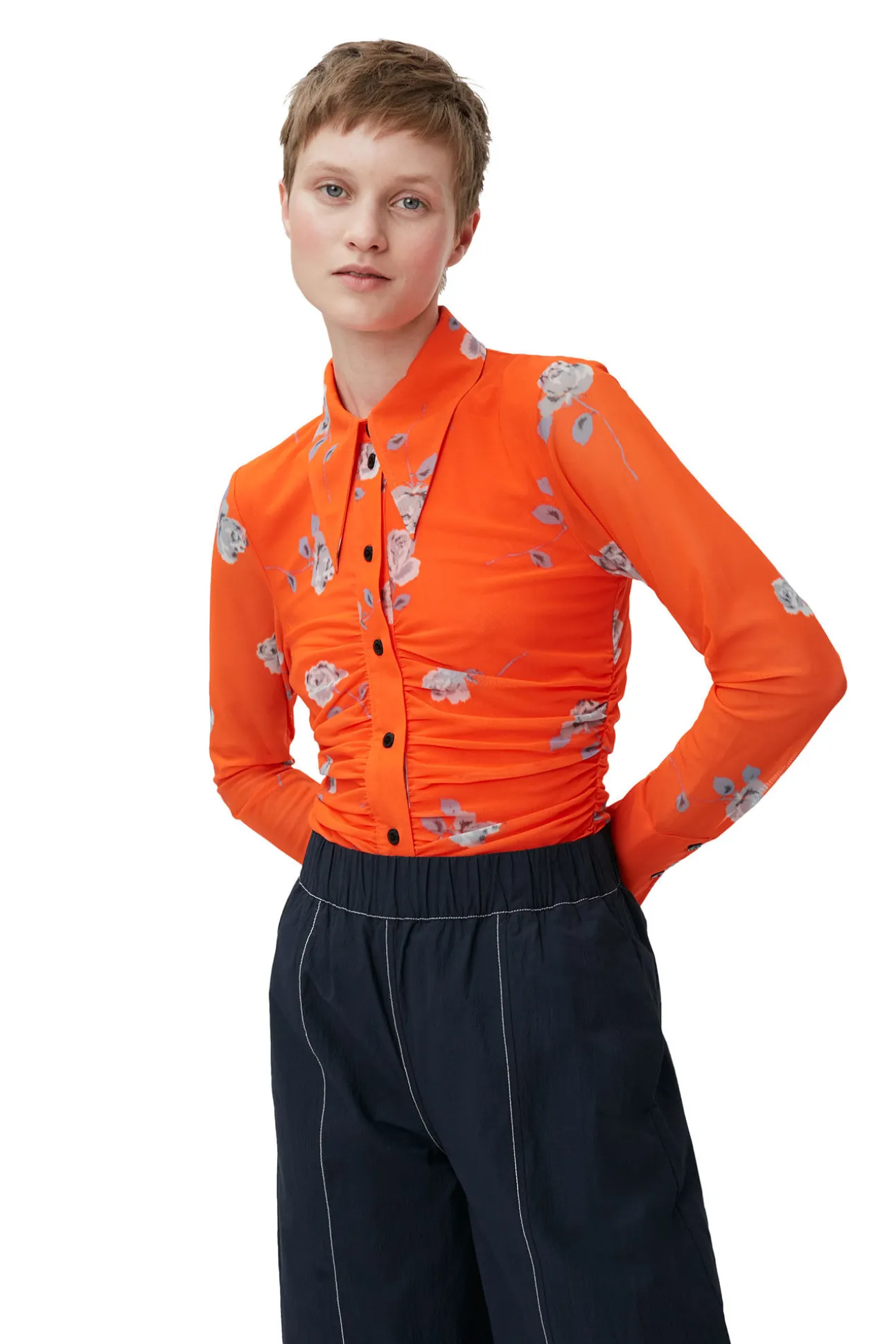 Online GANNI Orange Bedrucktes Ruschenhemd Aus Mesh Orangeade
