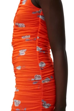Hot GANNI Orange Bedrucktes Ruschen-Midikleid Aus Mesh Orangeade