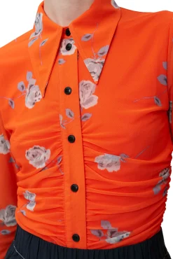 Online GANNI Orange Bedrucktes Ruschenhemd Aus Mesh Orangeade