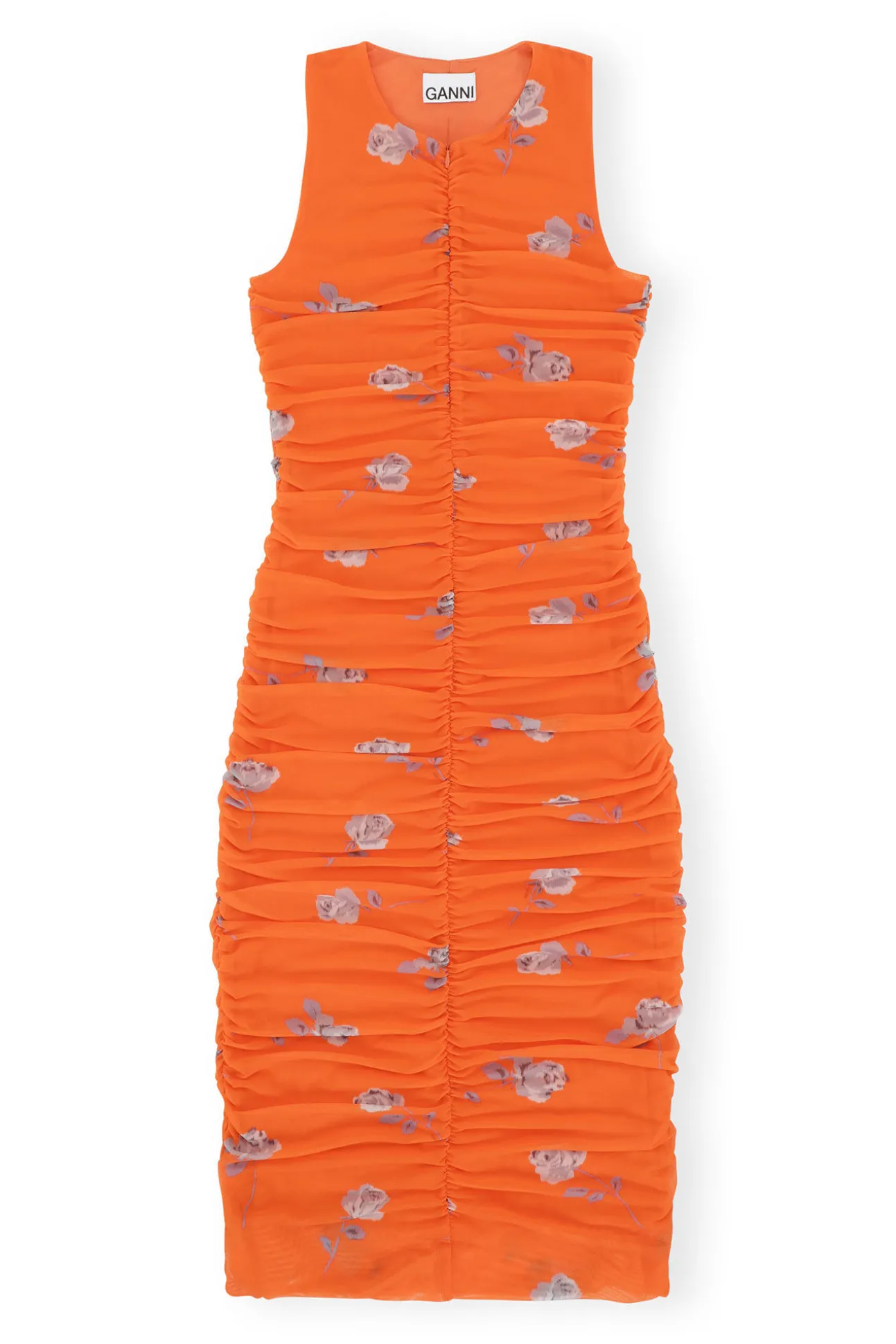 Hot GANNI Orange Bedrucktes Ruschen-Midikleid Aus Mesh Orangeade