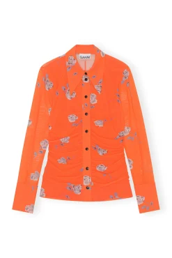 Online GANNI Orange Bedrucktes Ruschenhemd Aus Mesh Orangeade