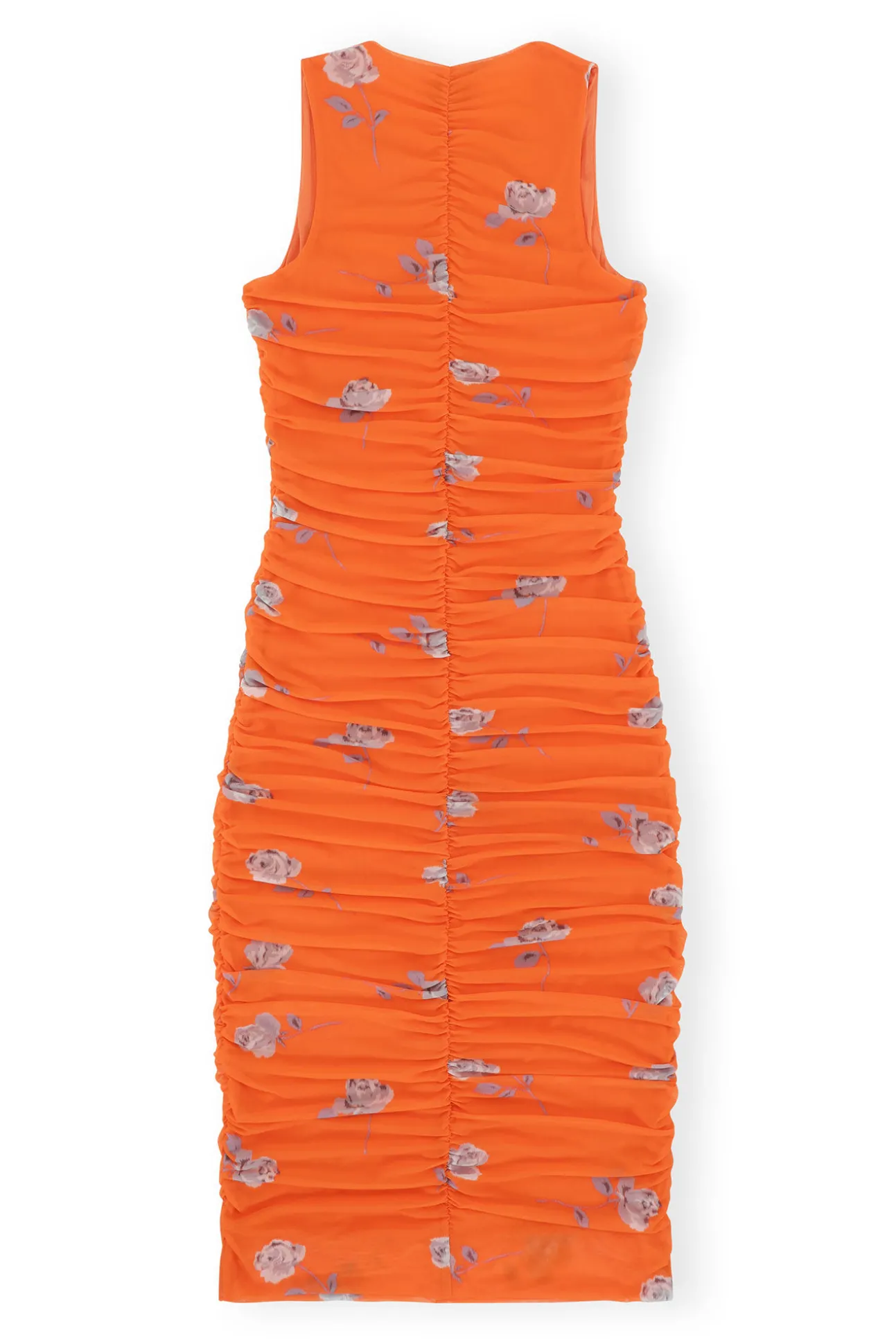 Hot GANNI Orange Bedrucktes Ruschen-Midikleid Aus Mesh Orangeade