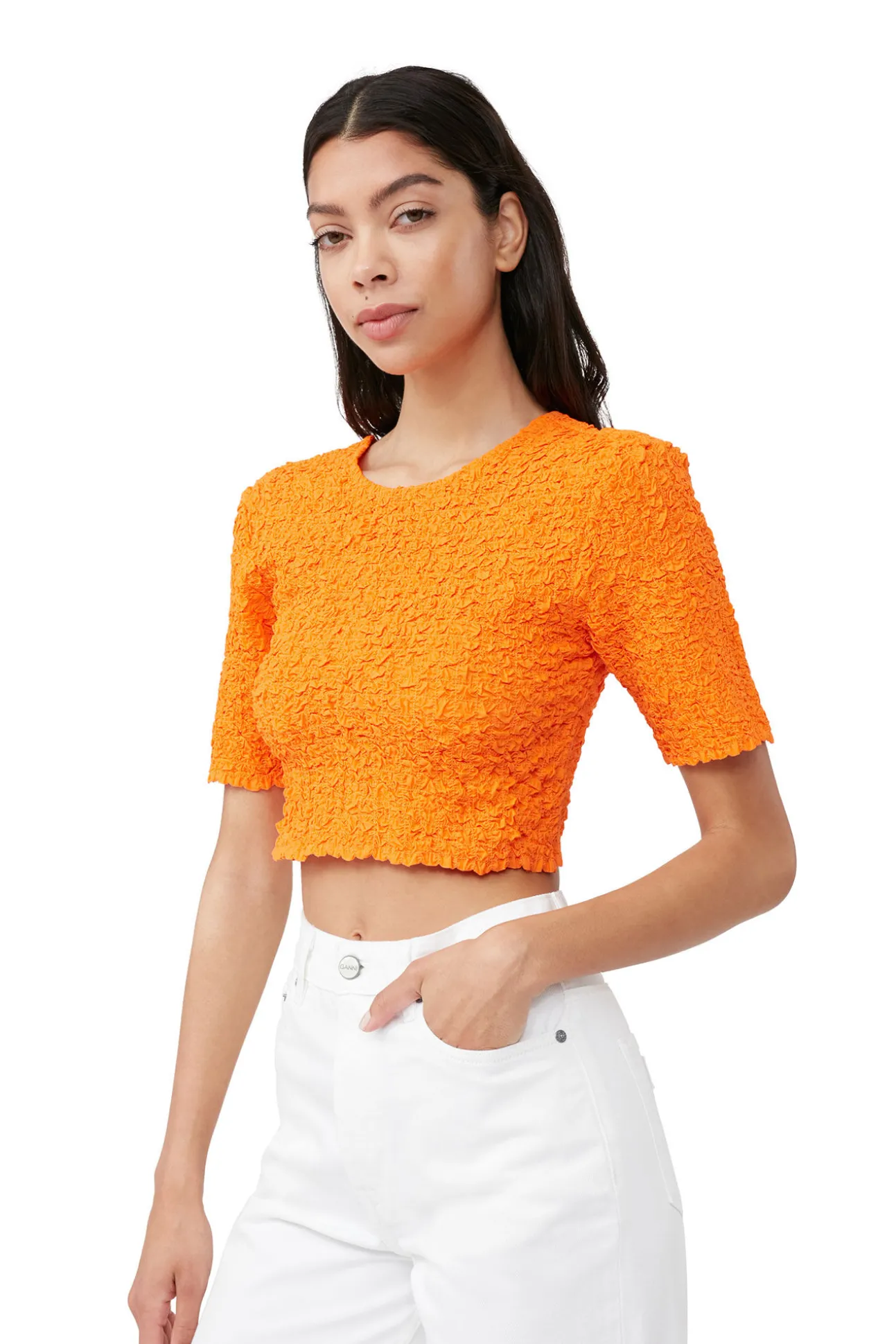 Cheap GANNI Orangefarbenes Gesmoktes Crop-Top Aus Cotton Poplin Vibrant Orange