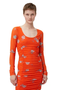 Best GANNI Oranges Ruschen-Midikleid Aus Mesh Orangeade