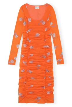 Best GANNI Oranges Ruschen-Midikleid Aus Mesh Orangeade