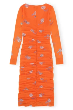 Best GANNI Oranges Ruschen-Midikleid Aus Mesh Orangeade