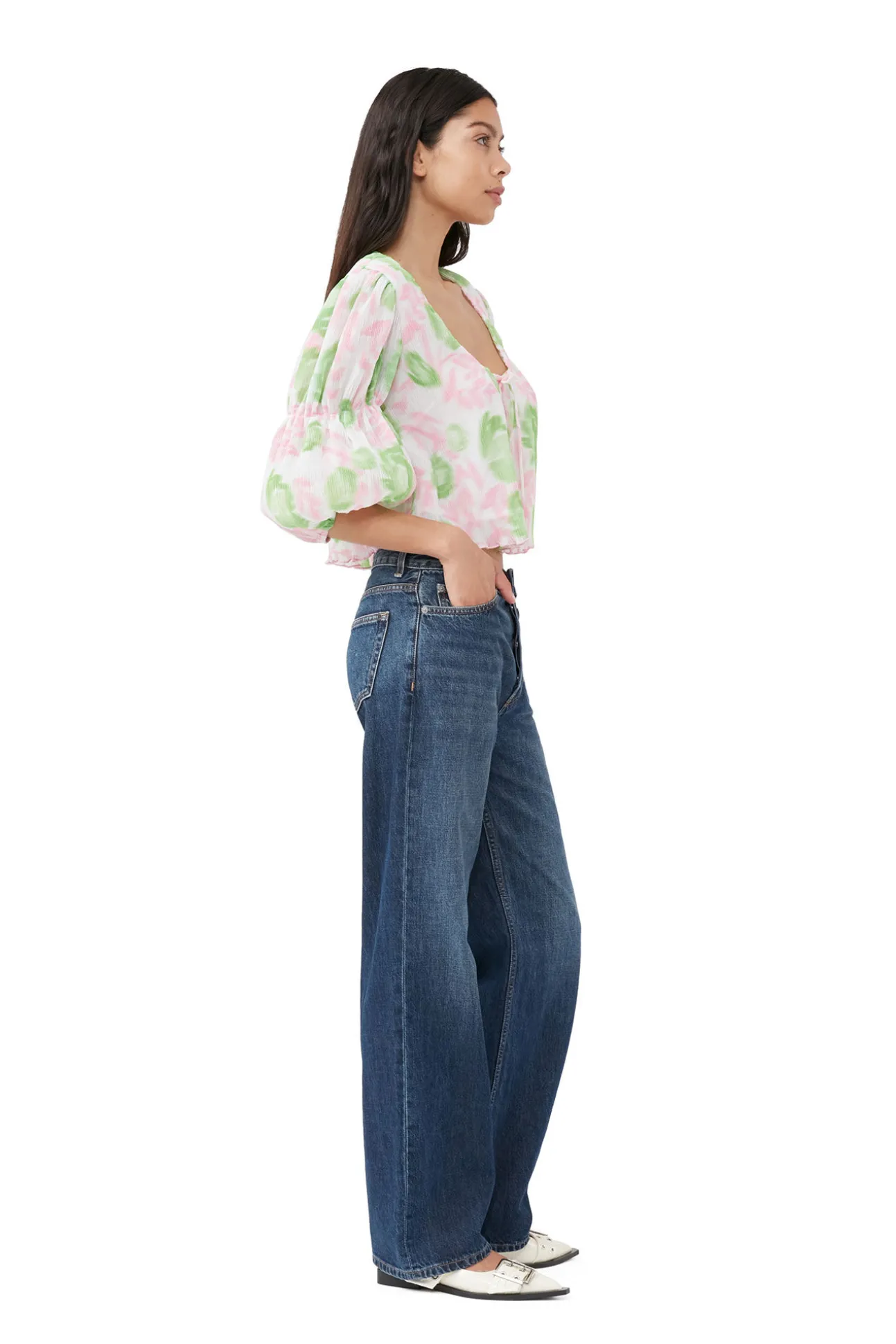 Store GANNI Plissierte Georgette-Bluse Mit U-Ausschnitt Pink Tulle