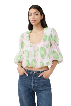 Store GANNI Plissierte Georgette-Bluse Mit U-Ausschnitt Pink Tulle