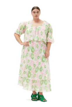 Store GANNI Plissierte Georgette-Bluse Mit U-Ausschnitt Pink Tulle