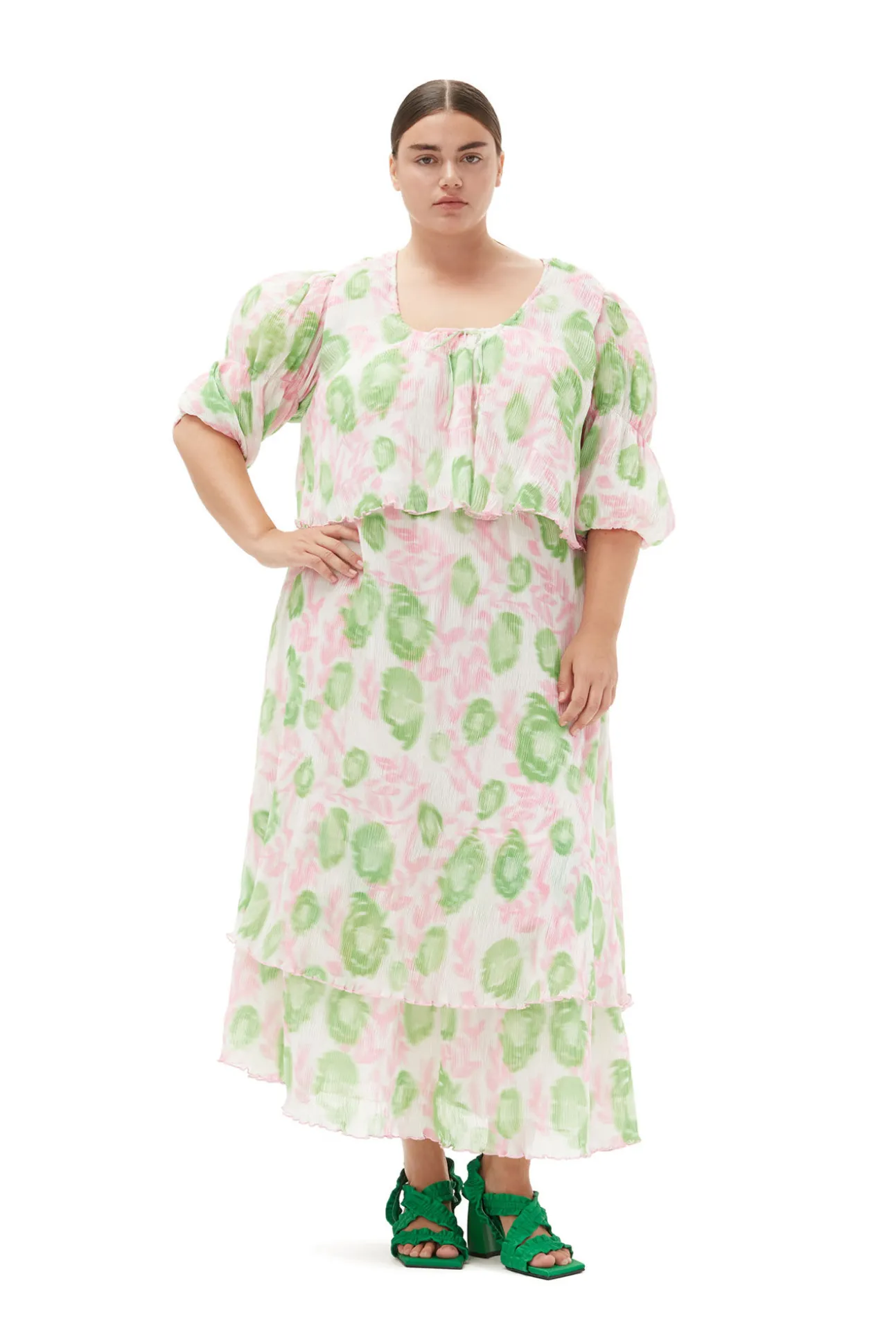Store GANNI Plissierte Georgette-Bluse Mit U-Ausschnitt Pink Tulle
