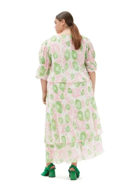 Store GANNI Plissierte Georgette-Bluse Mit U-Ausschnitt Pink Tulle