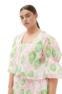 Store GANNI Plissierte Georgette-Bluse Mit U-Ausschnitt Pink Tulle
