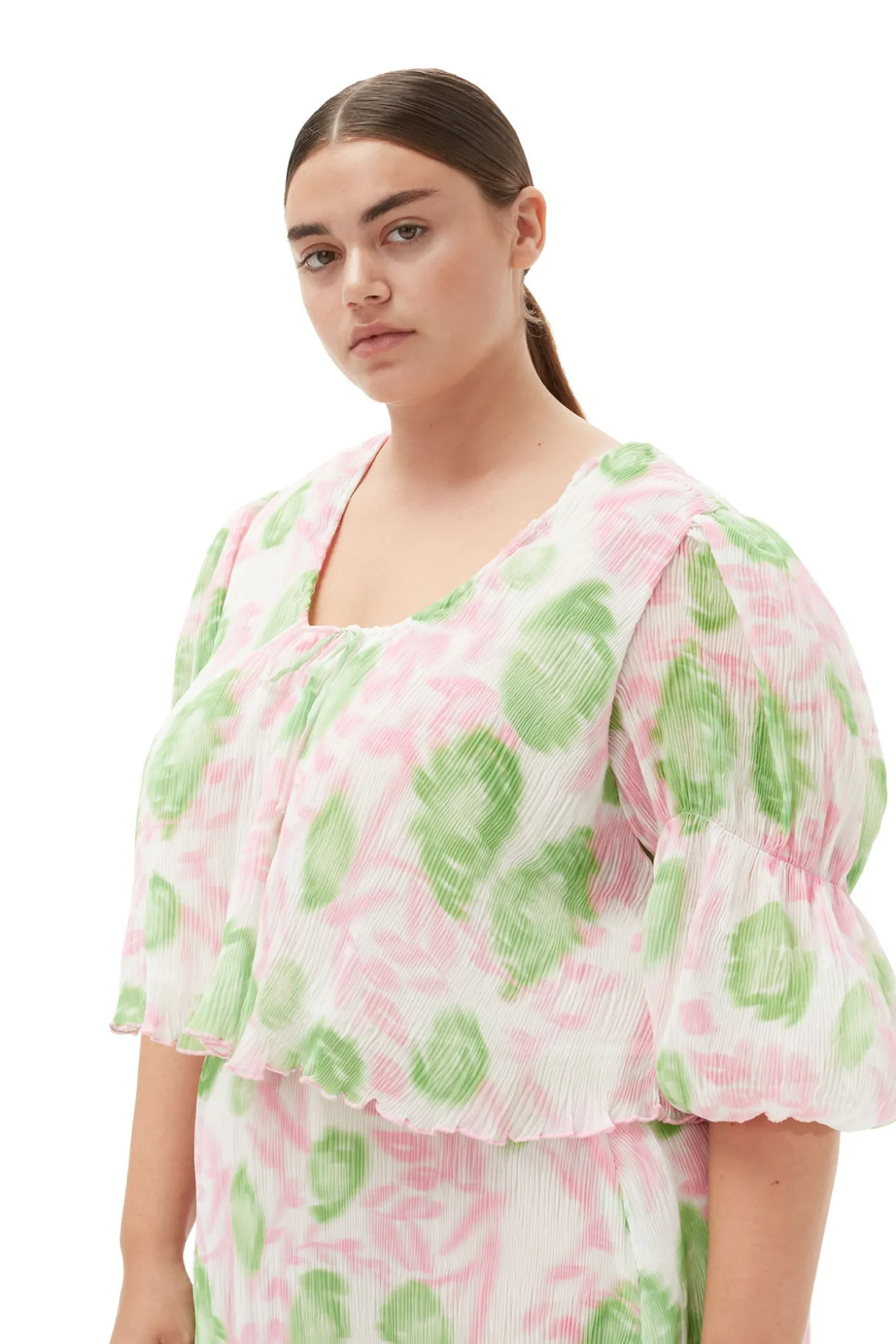 Store GANNI Plissierte Georgette-Bluse Mit U-Ausschnitt Pink Tulle