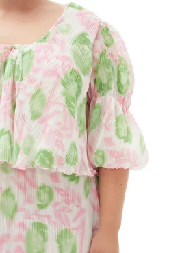 Store GANNI Plissierte Georgette-Bluse Mit U-Ausschnitt Pink Tulle
