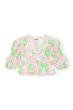 Store GANNI Plissierte Georgette-Bluse Mit U-Ausschnitt Pink Tulle